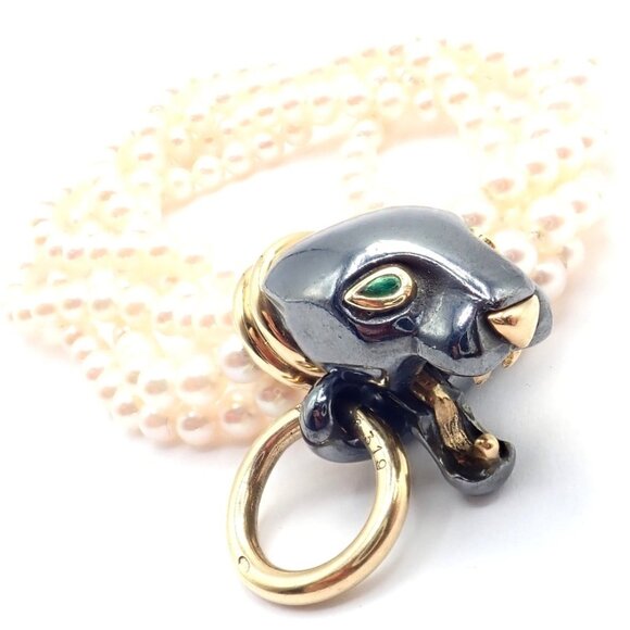 Panthere de Cartier Panther 18k Yellow Gold & Silverium Pearl Emerald Bracelet - Picture 5 of 14